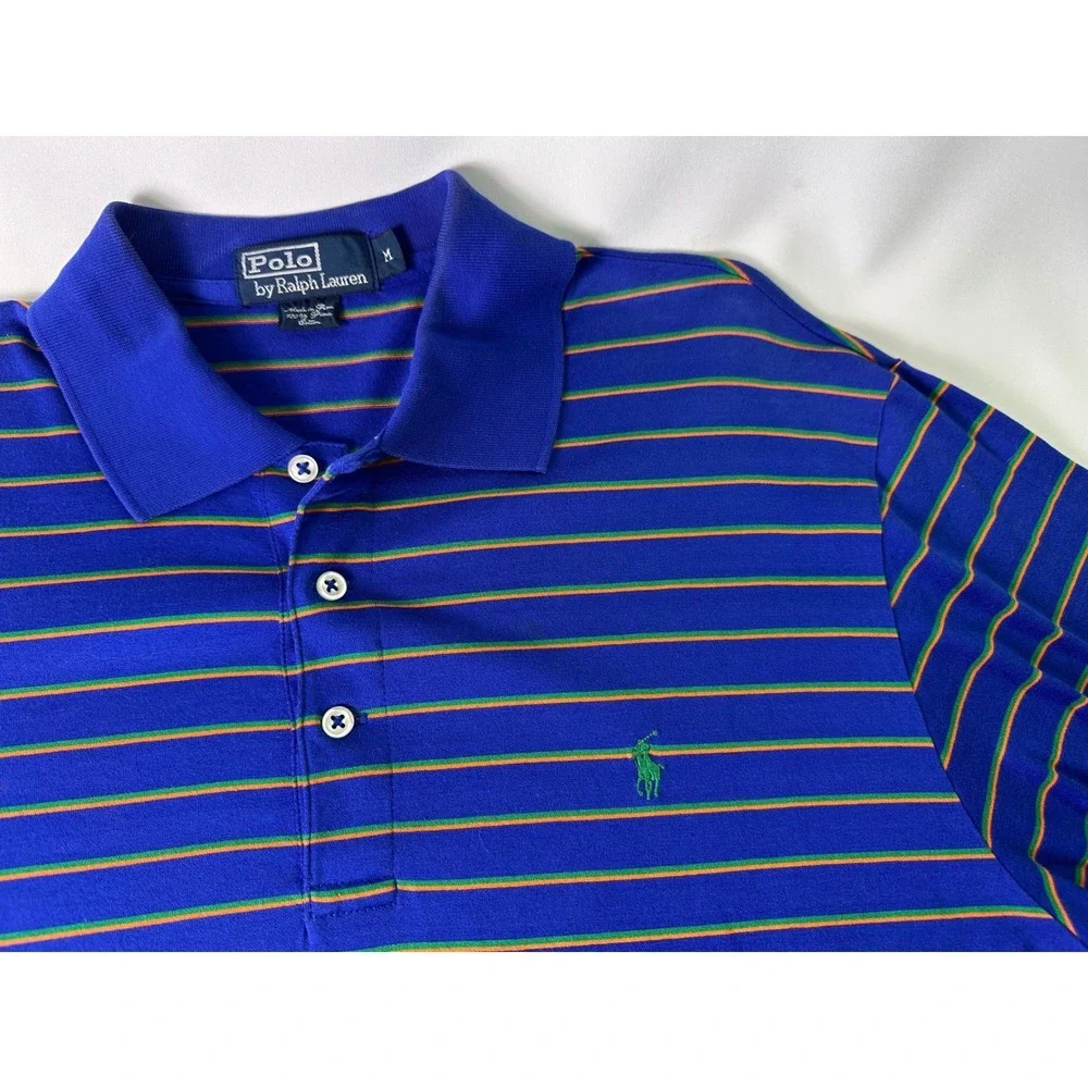 Polo Ralph Lauren Blue Striped Pima Cotton Polo Shirt Short Sleeve Casual Medium